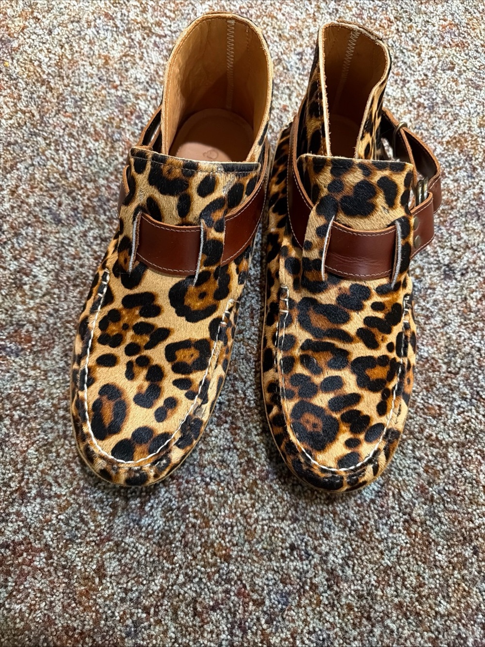 Quoddy Leopard Print Slip-On Loafers with Brown Trim